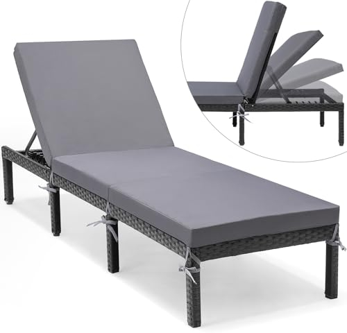 TLGREEN Sonnenliege,Outdoor Liege Klappbar,mit 4-stufig höhenverstellbare Rückenlehne und EIN 5cm hohes Kissen,Eisenrahmen und Rattan,Strandliege für Garten, Terrasse & Balkon 198 x 64 x 28.5 cm