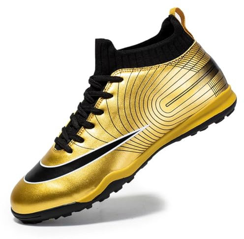 DHOVOR Boys Girls High Top Football Boots Kids Non-Slip Astro Turf Athletic Football Trainers Indoor Soccer Shoes Unisex Gold 3.5 UK