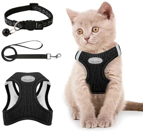 Muecleao Katzengeschirr, Verstellbares Geschirr mit Leine für Katzen, Softgeschirr Katzengeschirr ausbruchsicher verstellbar Katzenweste für Katzen (Schwarz, XXS)