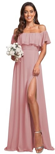 Ever-Pretty Vestito da Cerimonia Donna dalla Spalla Linea ad A Chiffon con Spacco con Volantes Stile Impero Lungo Dusty Rose 46