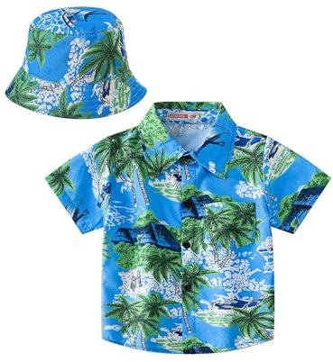 YiZYiF Kinder Jungen Hawaii Hemd Hut Set Sommer Outfits 2er Funky Blumenmuster Kurzarmhemd Sonnenhut Set Strand Kleidung Urlaub Beachwear Grün 122-128
