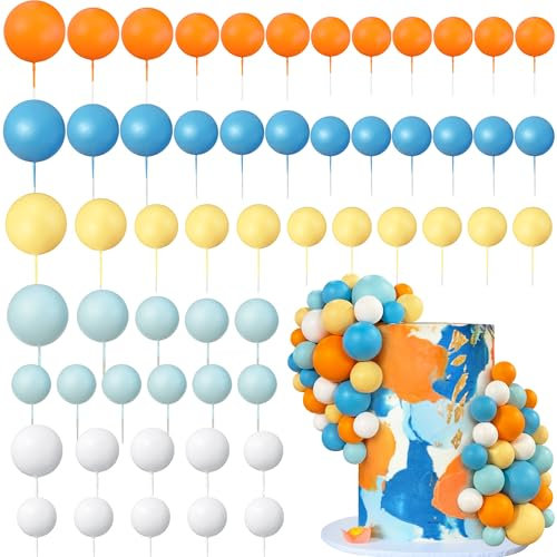 56 PCS Colorful Ball Shaped Cake Topper Pearl Balls Cupcake Cake Insert Topper for Birthday Party Wedding Decoration Supplies (Orange Blue)