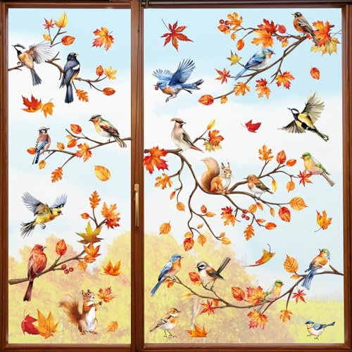 decalmile Fensteraufkleber Blätter Zweig Vögel Fenster Abziehbilder Ahornblätter Eichhörnchen Herbst Anti-Kollision Fensterfolie Glas Fensterdeko Aufkleber
