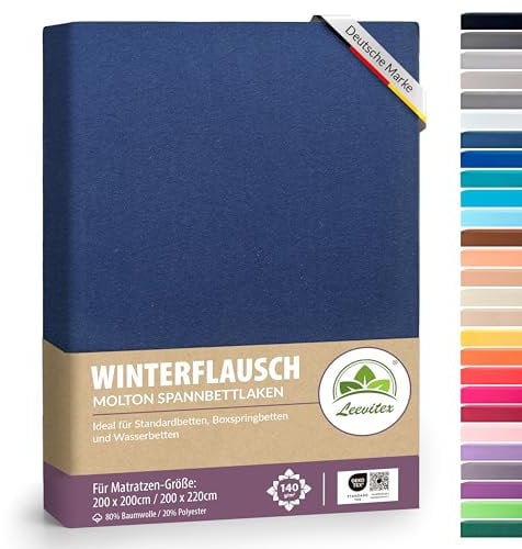 Winter Spannbettlaken | Farbenfrohes Thermo Fleece | Spannbetttuch, Bettlaken in vielen Größen und Farben (200x220 cm +40cm Steg, Navyblau/Marine)