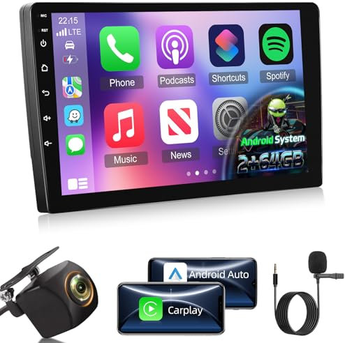 [2+64 GB] 2 DIN Android Radio para Coche con CarPlay Inalámbrico y Android Auto, Pantalla Táctil de 10.1 Pulgadas Compatible con WiFi, GPS, EQ, Bluetooth, Radio FM RDS y Cámara de Marcha Atrás