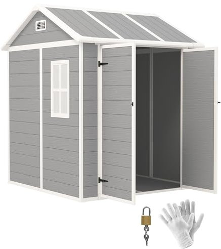 Outsunny Casetta da Giardino Porta Attrezzi in Finitura Effetto Legno Graffiato con Pavimento, 2.91m² Capanno da Giardino con Doppia Porte e Serratura, Tetto Inclinato, 181x181x220cm, Grigio