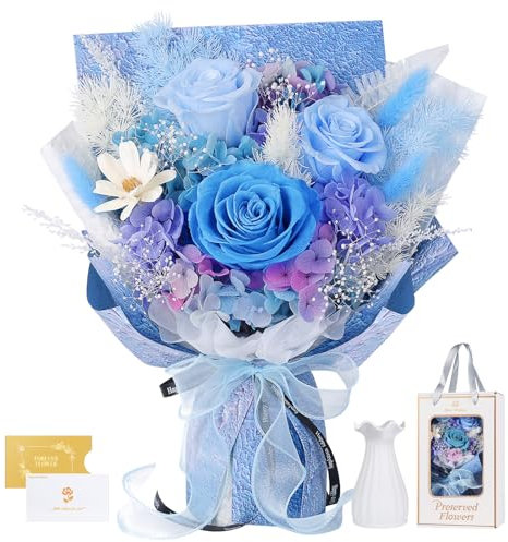 MAMAMIKO Rosa Stabilizzata Vera con Vaso, Mazzo di Fiori Stabilizzato, Rose Eterna Regalo San Valentino,Compleanno, per Lei Donna Fidanzata Mamma Ragazza,Festa della Mamma,Anniversario Regali(Blu)