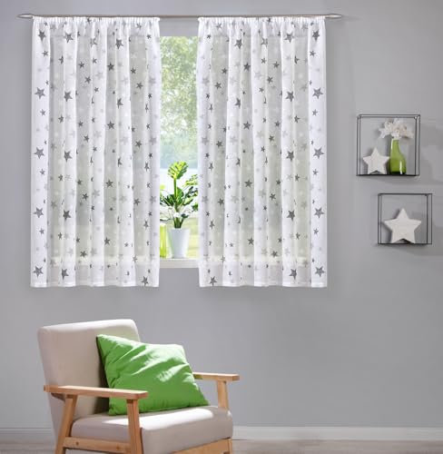 heimtexland ® Vorhang Leinen-Optik Kinderzimmer Deko Gardine Sterne halbtransparent durchscheinend Oeko-TEX Fensterdeko Seitenschal Typ897 Natur - Grau - mit Kräuselband HxB 145x135 cm 1 Stück