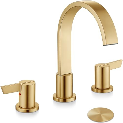 Midanya 20,3 cm breiter Badezimmer-Wasserhahn, Wasserfall, 3 Löcher, 2 Griffe, Badezimmer-Wasserhahn, moderne 20,3 cm Waschtischarmaturen mit Pop-Up-Ablauf und Wasserversorgungsleitungen, Gold