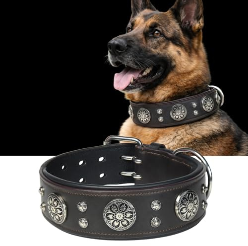 Handgefertigtes Hundehalsband aus echtem Leder, 5,1 cm breit, strapazierfähig, weich und luxuriös, Western-Design mit Doppelzinken-Schnalle, ideal für große und mittelgroße Hunderassen, Braun, Größe M
