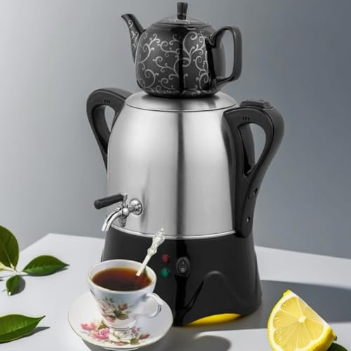 QINPI Théière Électrique Turque 2000 W, Samovar Électrique, Théière en Acier Inoxydable De 3 L, avec Théière en Céramique De 1 L, Protection Anti-ébullition À Sec, Contrôle Précis, pour Café