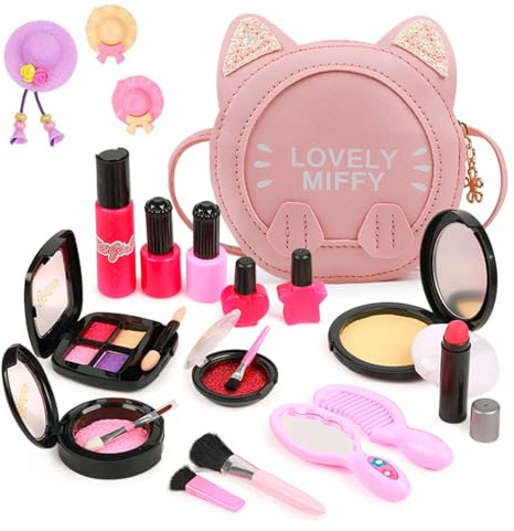 Kinderschminke Set Mädchen, Schminkset für Kinder, Make Up Spielzeug mit Katzen Schminkkoffer, Sicheres & Ungiftiges Rollenspiel Schminkset, Geschenk zu Weihnachten & Geburtstag ab 3 4 5 6 7 Jahre