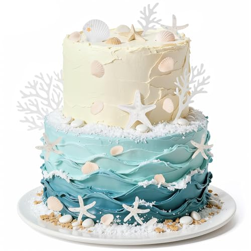 22PCS Sea Shells Starfish Cake Decorations Set,Ocean Theme Cake Toppers with Coral Shell Designs,Under the Sea Cake Decor for Beach Wedding,Summer Party,Mermaid or Ocean Celebration