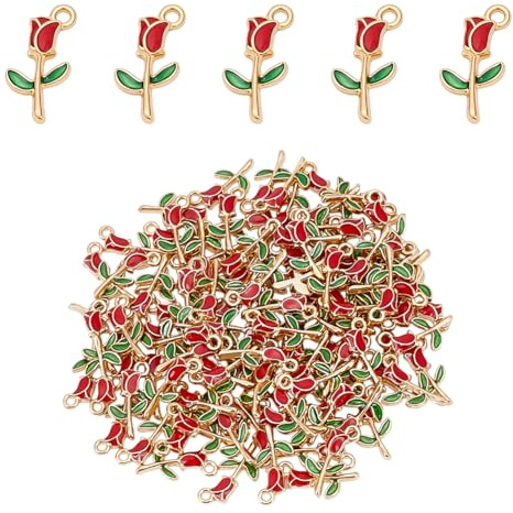CRAFTYMELODY 100Pcs Rose Shape Charms Alloy Enamel Flower Pendant 19x9x2.5mm Cute Rose Floral Pendants Bulk for Bracelets Necklace Earrings Jewelry Making DIY Craft Accessory Valentine's Day Gold