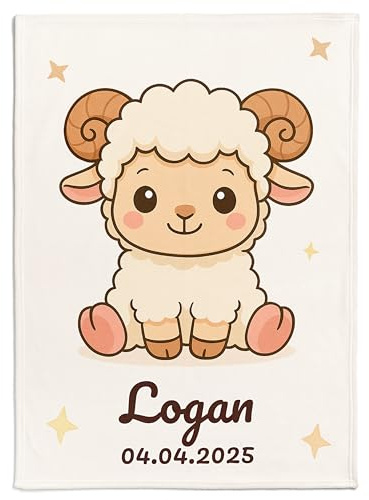 Pictogogo Personalisierte Babydecke mit Namen und Datum - Kuschelige Meilensteindecke aus Minky-Fleece, Ideal als Geburtsgeschenk (Sternzeichen Widder)