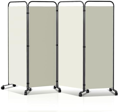 Yugodex Paravent Raumteiler Klappbar Freistehend Trennwand auf Rollen, Umkleide Sichtschutz, Raumtrenner 4 Teilig 228 x 180 cm, freistehendes Raumteiler für Büro Schlafzimmer - Beige