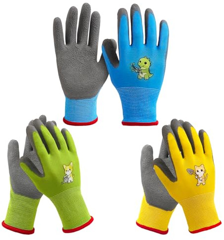 VTMJ 3 Paar Gartenhandschuhe Kinder Arbeitshandschuhe für 2–5 Jahre, Kinder Gartenhandschuhe zum Schutz, Gummibeschichtete Rutschfeste Kinderhandschuhe für DIY Garten Spiel Malen, Größe S
