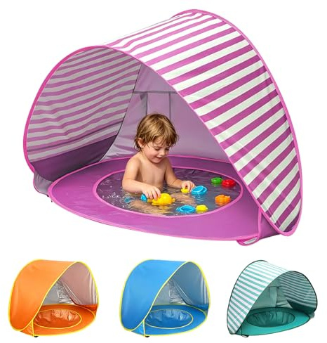 Strandmuschel Baby Pop Up mit Mini Pool, Strandzelt Baby mit UV Schutz, Tragbare Strandmuschel für Kinder, Sonnenschutz Strandzelt für Strand, Garten und Reisen (Rosa Streifen)