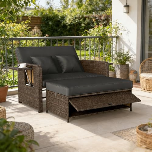 GIANTEX Lounge Möbel Outdoor, Rattan Gartenlounge Set mit Hocker, Gartensofa mit Liegefunktion, Balkon Lounge Set, Doppelliege Outdoor Sofa, Balkonmöbel Sonneninsel (Gemischtes Braun+Schwarz)
