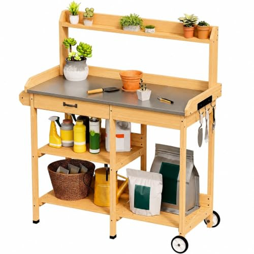 Xbro Pflanztisch Outdoor wetterfest, Gärtnertisch Holz mit Schublade & Ablagen, Blumentisch mit verzinkter Arbeitsplatte & Haken für Balkon Terrasse Garten, mit Rollen, 112x43x121 cm, Natur