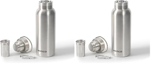 wenco Trinkflasche Edelstahl 0,5l / 500ml isoliert und auslaufsicher für kalte und heiße Getränke auch als Thermoskanne verwendbar – mit Teesieb – BPA frei – silber (Packung mit 2)