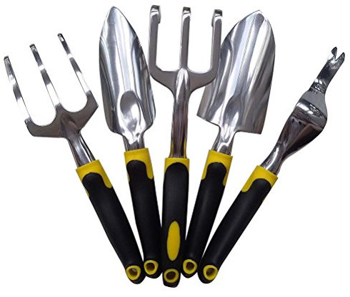 5 pcs outil de jardinage Truelle Fourche Repiqueuse mécanique Cultivateur Sarcloir de jardinage Outils à main Yard Gadgets ergonomique (Jaune et Noir)