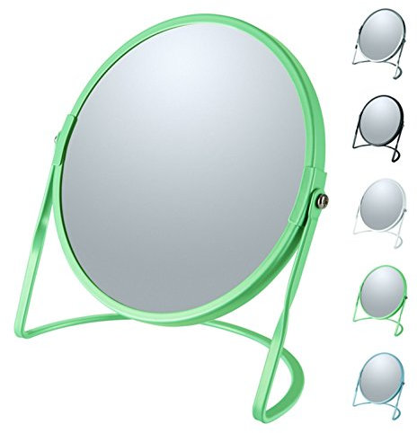 Spirella - Kosmetikspiegel auf Fuß Akira - Robustes Metall - Doppelseitig mit 5-facher Vergrößerung und klassischem Spiegel - 360° schwenkbar - Mattgrün
