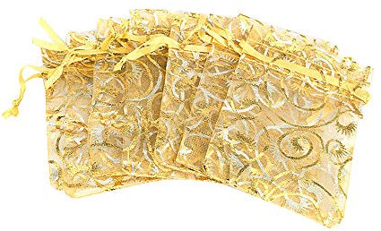 YFZYT 100 Stück Mehrfarbig Organzasäckchen Organzabeutel Säckli Schmuckbeutel Kleinere Säckchen für Geschenke, Schmuckaufbewahrung, Hochzeit Feierlichkeiten - 9x12 cm/3.54x4.72 Zoll, Gold#1