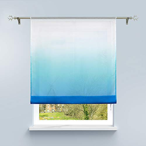HongYa Raffrollo mit Verlauf Druck Transparenter Voile Raffgardine H/B 140/120 cm Blau Tunnelzug