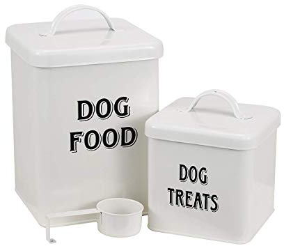Pethiy Hundefutter und hundeleckerli behälter Set mit Schaufel –Beschichteter Kohlenstoffstahl – dicht schließende Deckel – Vorratsdose für Hunde trockenfutter-Weiß