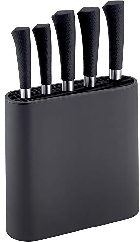NETTA Kitchen Knife Set with Block - 6 Piece Stainless Steel Including Block - 5 Knives with Ergonomic Soft-Grip Handles and Safe-Storage Knife Holder - Black