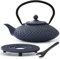 Bredemeijer Teekanne asiatisch Gusseisen Set 1.25 Liter - blaue Gusskanne mit Henkel & Edelstahl Tee-Filter Sieb-Einsatz für losen Tee & Untersetzer & Deckelheber