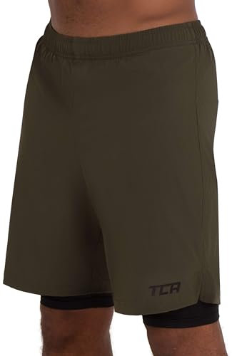 TCA Ultra Sporthose Herren kurz 2 in 1 mit Tasche - Kurze Sport Shorts Trainingshose mit Taschen - Laufhose mit Kompressions Innenhose und Reißverschluss Handytasche - Grün, XXL