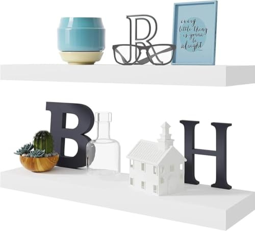 BAMEOS Schwebende Wandregale, 61 x 15,2 cm, einfach zu installierende Hängeregale mit Hardware im Lieferumfang enthalten, modernes Dekorregal für Badezimmer, Schlafzimmer und Wohnzimmer, 2er-Set, Weiß