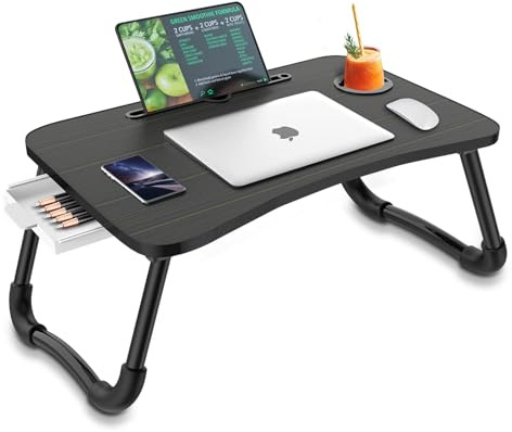 Zapuno Foldable Laptop Bed Table Multi-Function Lap Serving Tray Dining Table with Storage Drawer and Water Bottle Holder, Slot for Eating, Working on Couch/Sofa (Arc Shape)