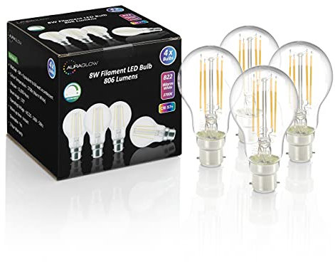 Auraglow 8 W Filament Style LED B22 dimmbar A60 Glühbirne 60 W entspricht 806 lm Warmweiß 2700 K - Hohe CRI Bewertung 97 - 4 Stück