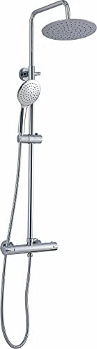 VALAZ Columna Ducha Termostatica Cromado | Mezclador Agua Fría y Caliente, Ahorro de Agua | Instalación Fácil y Rápida | Inoxidable, Redonda, Longitud 80-120 cm, Rociador 20 cm, Serie Ebro