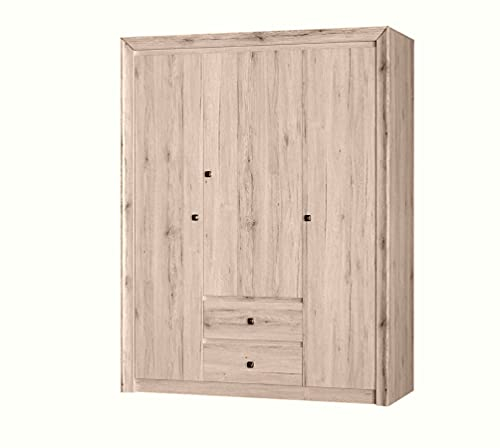 Furniture24 Kleiderschrank Mars MR1 Drehtürenschrank Schrank 3 Türiger mit 2 Kleiderstangen 2 Schubladen Eiche Sanremo hell