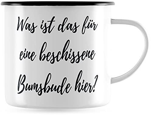 JUNIWORDS Emaille-Tasse, was ist das für eine beschissene Bumsbude Hier?, Schwarzer Tassenrand