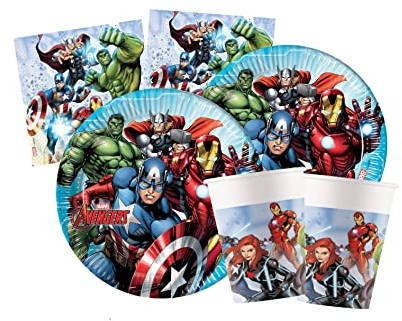 Isola Party Kit Festa di Compleanno Avengers per 8 Persone Eco-Friendly (8 Piatti ⌀ 23 cm, 8 Bicchieri 200 ml, 20 Tovaglioli 33x33 cm di Carta)