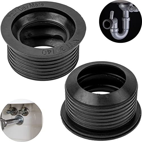 Siphon Gummimanschette, 2 Stück, aus Gummi, NW 30/40, für DN40 HT Abflussrohr Innen Ø 40 mm und 1 ¼ Siphon Rohr außen Ø 28-32 mm, Gumminippel mit Ø 45 mm Anschlag, 25 mm lange Siphondichtung