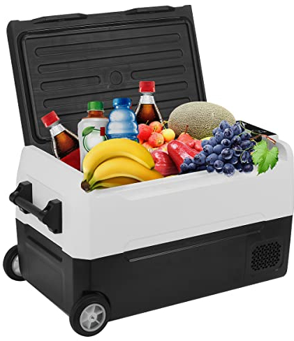 HCALORY (KROAK) 35L Schwarz und weiß Kompressor Kühlbox mit Rollen, Tragbar Autokühlschrank Elektrisch 12V/24V 220V-240V,Gefrierbox für Camping Auto,LKW, Boot, Reisemobil, -20℃~20 ℃