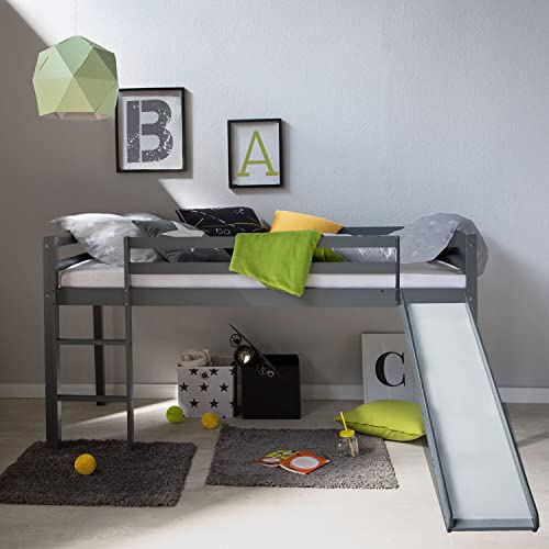 Homestyle4u Kinderbett 90x200 Grau Hochbett mit Rutsche Matratze Lattenrost Treppe für Kinder Bettgestell Holz Massiv Kiefer Kinderzimmer