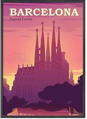 JUNOMI® Barcelona Poster XL, DIN A2 Wohnzimmer Deko, Modernes Wandbild, Spanien Bild, Reiseposter, Barcelona Wandbild | Mit Rahmen Schwarz