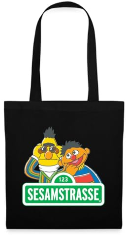 Spreadshirt Sesamstraße Schild Ernie und Bert Stoffbeutel, One size, Schwarz