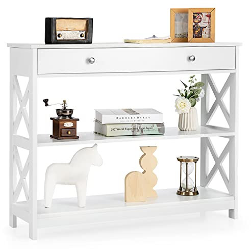 Multigot 2/3 Tier Console Table, X-Shaped Sofa End Table with Drawer/Shelves, Narrow Side Table Computer Writing Desk (White, 3 Tiers with Drawer)