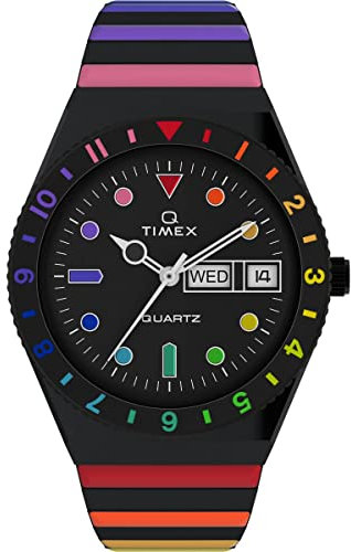 Timex Reloj Q - Reloj de 36 mm para mujer, correa de expansión de acero inoxidable negro, esfera negra, caja negra TW2V65900