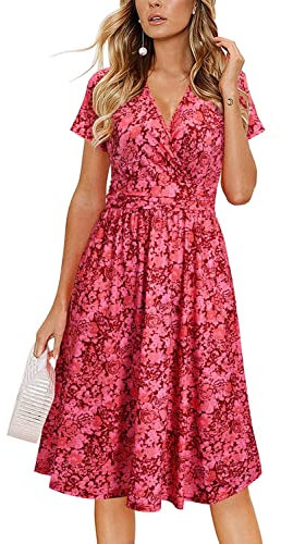 OUGES Women 2024 Summer Casual Dress V Neck Short Sleeve Ladies Spring Mothers Day Midi Dress(Floralz26-419,XL)
