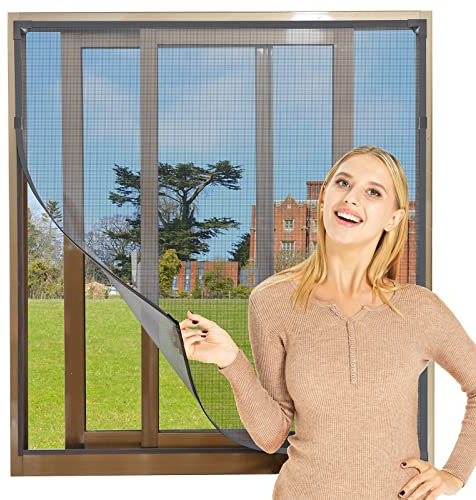 NeatiEase Adjustable DIY Magnetic Fly Screen Window Max 100x 130 cm, Full Frame Magnetic Strip Easy Installation Fits Any Size Smaller Insect Mesh Mosquito Bug Net for Windows (Grey Frame Black Net)