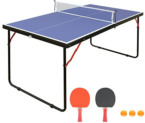 REXOUS Midsize Folding Ping Pong Table Game Set, Portable Indoor Outdoor Table Tennis Table with 2 Paddles, 3 Balls and Net